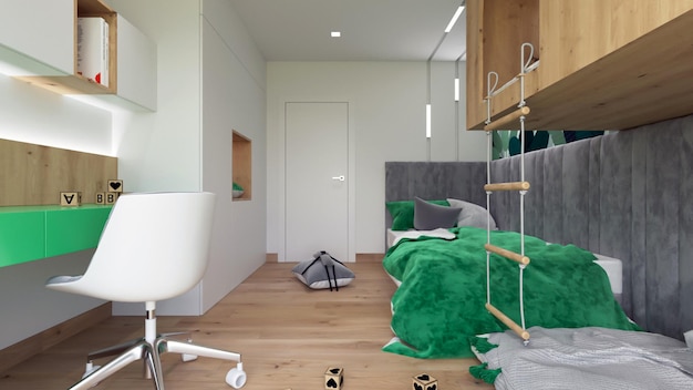 3d rendering green kid bedroom interior design interior