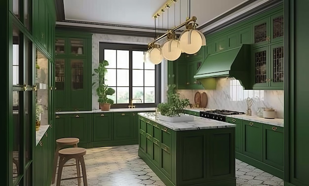 3d rendering of green kitchen in classic style Interior design concept