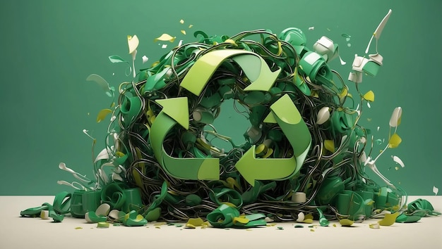 A 3D rendering of a green recycling symbol made of wires and leaves