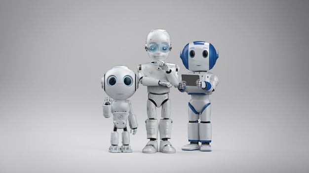 3d rendering group of cute robots in factory for industrial technology