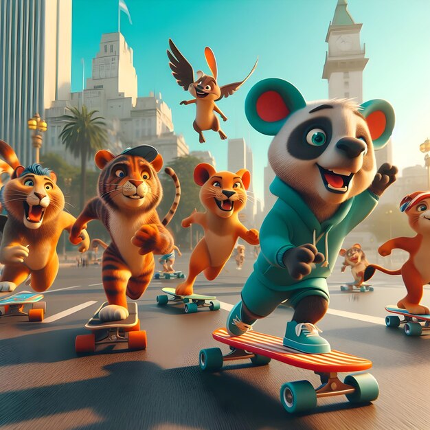 Photo 3d rendering of a group of happy animal cartoon characters skateboarding in the city