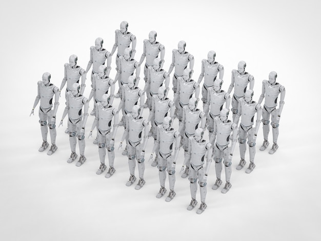 3d rendering group of humanoid robots in a row