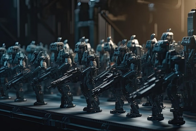 3d rendering of a group of robot soldiers on the conveyor belt Robot army formation with tactical gears AI Generated