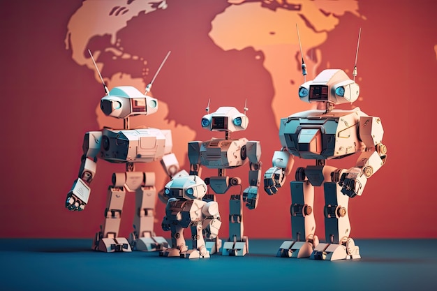 3d rendering group of robot with world map in the background Robots conquering the world AI Generated