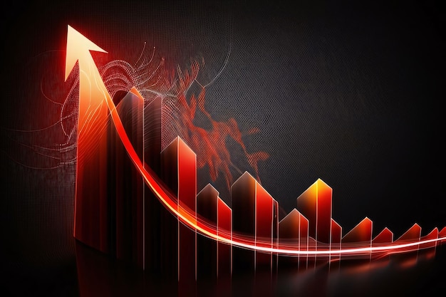 3d rendering of growing graph in dark background with red arrow sign