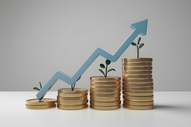 3D rendering growing income graph on white background