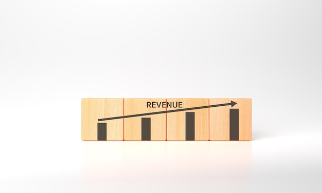 3d rendering Growth of revenue concept Analytics plan goals strategy achievement Financial statement Goals business success Placing wooden cubes with revenue and candlestick chart icons