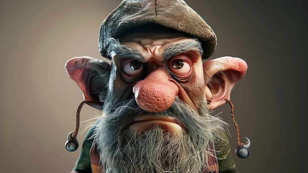 A 3D rendering of a grumpy old man with a long white beard and a brown hat He has a big nose and a frown on his face