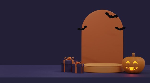 Photo 3d rendering halloween background with podium for product display