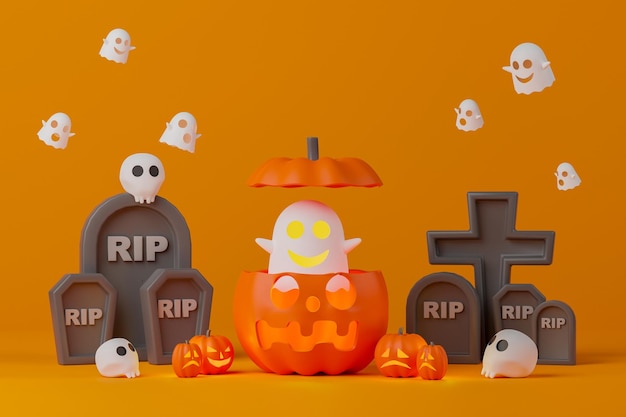 3d rendering Halloween day illustration. Ghost with Jack O Lantern head and tombstone.