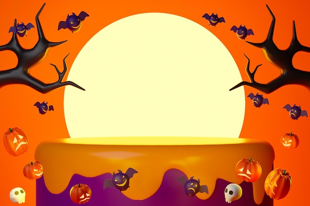 3d rendering Halloween day podium with big shiny moon, dead trees, Jack O Lantern, skulls and bats.