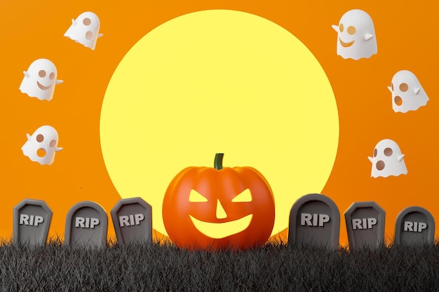 3d rendering Halloween day scene illustration. Jack O Lantern in graveyard with ghost.