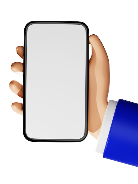 3D rendering hand in blue business suit holding mobile phone with empty screen mockup illustration