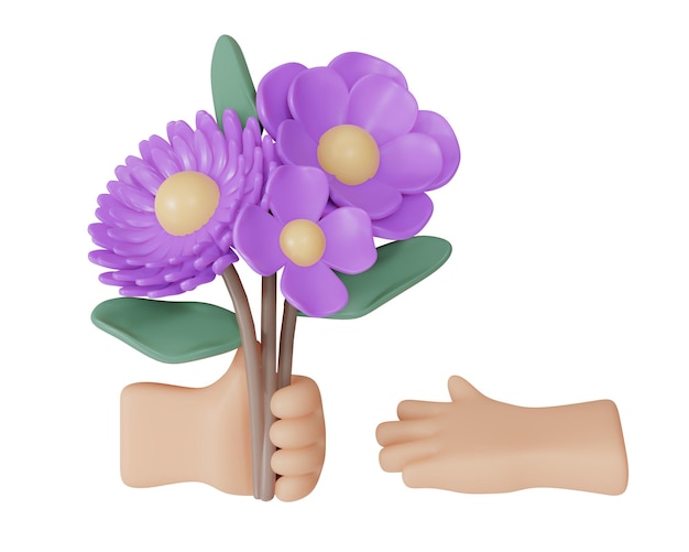 3D Rendering hand giving purple to another hand flower isolated on white background 3d render cartoon style