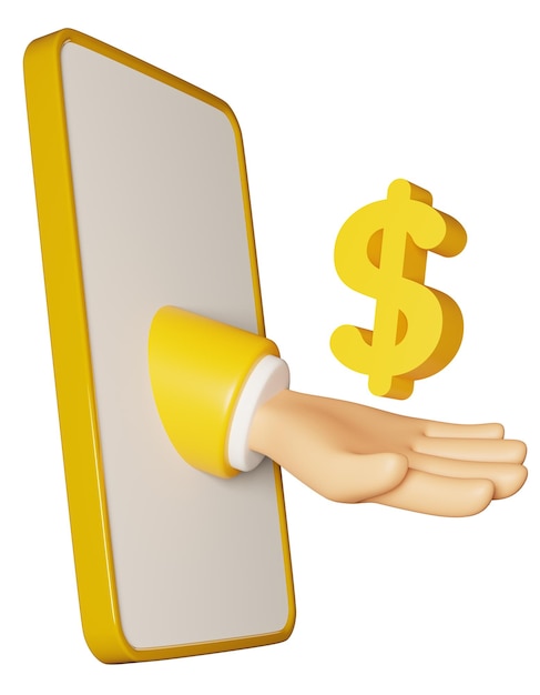 3D rendering hand holding floating money icon popping out from smartphone screen illustration