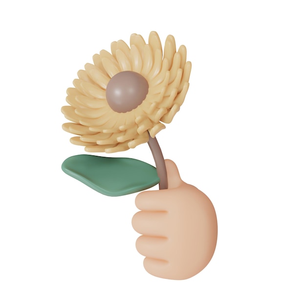 3D Rendering hand holding sunflower isolated on white background 3d render cartoon style