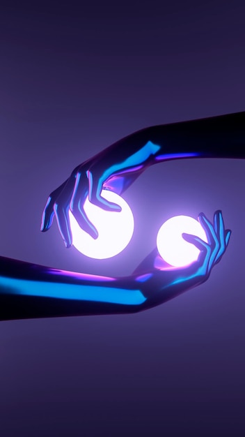 3d rendering hands holding illuminated magic sphere People interaction Abstract dark room scene