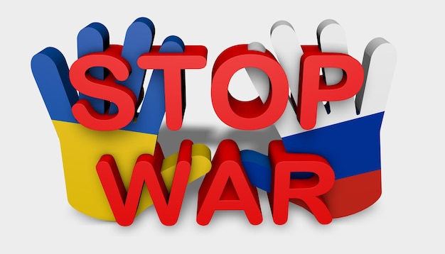 3d rendering of hands with Russian and Ukrainian flag inviting stop war