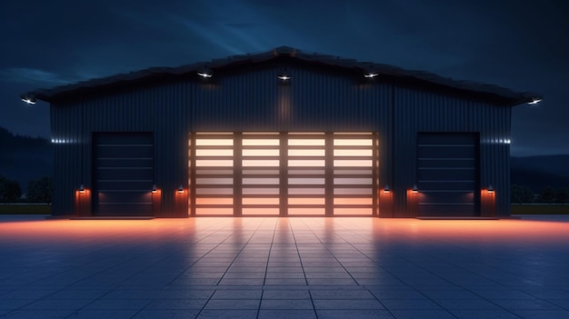 3d rendering of hangar building exterior and shutter door and paver brick floor at night time