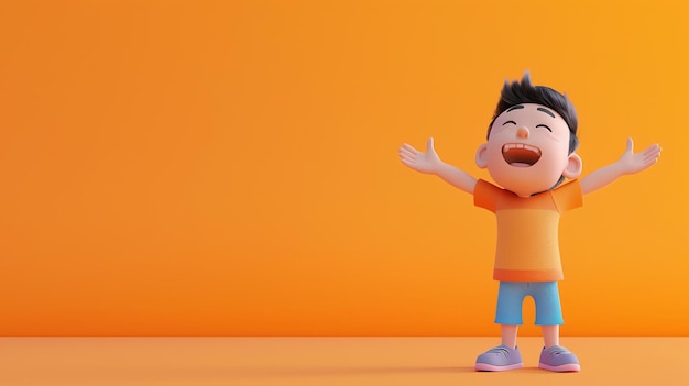 3D rendering of a happy cartoon boy with his arms raised in the air The boy is wearing a casual outfit and has a big smile on his face