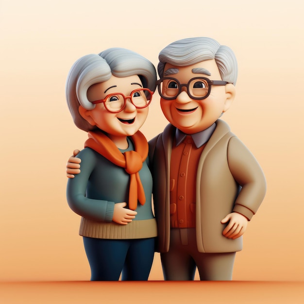 3D rendering of a happy elderly couple grandparents together on Double Ninth Festival illustration