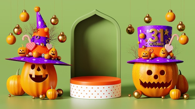 3d rendering happy halloween, podium background, hanging and decoration ball on green background