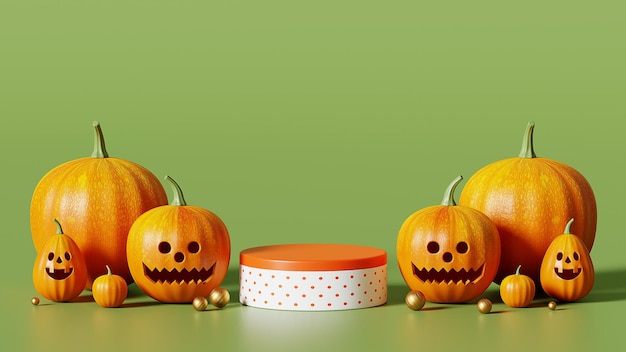 3D Rendering Happy Halloween, Podium Pumpkin on green background, October 31st.