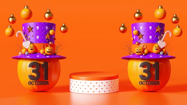 3D Rendering Happy Halloween, Podium Pumpkin, hanging and decoration ball on orange background