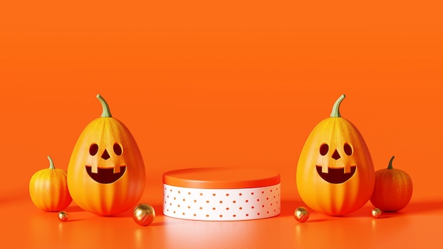 3D Rendering Happy Halloween, Podium Pumpkin on orange background, October 31st, copy space