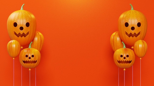 3D Rendering Happy Halloween, Pumpkin head balloon left and right side on orange background