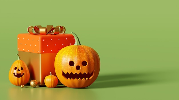 3D rendering happy halloween, pumpkin head on green background, gift box october 31st, copy space