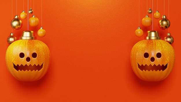 3D Rendering Happy Halloween, Pumpkin head hanging and decoration ball on orange background.