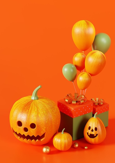 3D Rendering Happy Halloween, Pumpkin head on orange background, October 31st, copy space