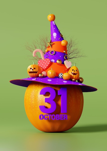 3d rendering happy halloween, pumpkin head put on a hat on green background, font October 31st