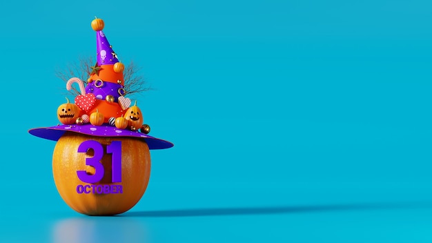 3d rendering happy halloween, pumpkin head put on a hat on ligh blue background, horizontal view