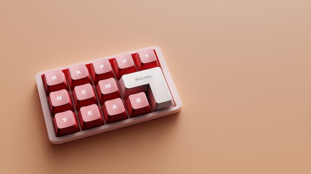 3D Rendering Happy new year on the custom red keyboard with free space