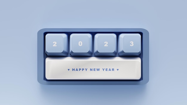 3D Rendering Happy new year on the cute keyboard with blue tone