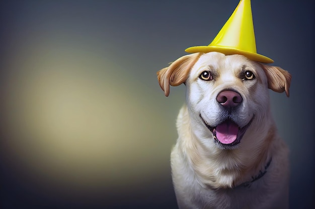 3D rendering happy yellow labrador mix wearing a party hat