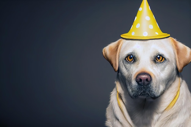 3D rendering happy yellow labrador mix wearing a party hat