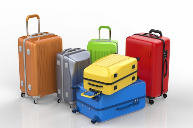 3d rendering hard case colorful luggages on white background