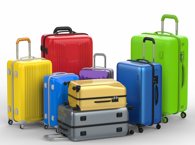 3d rendering hard case colorful luggages on white background