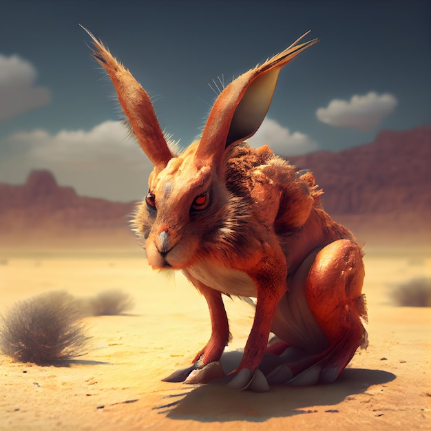 3D rendering of a hare in the desert with red skin