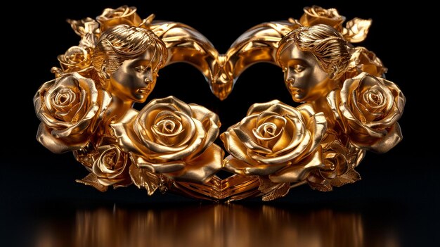 Photo 3d rendering a heart of golden roses in front of a black background