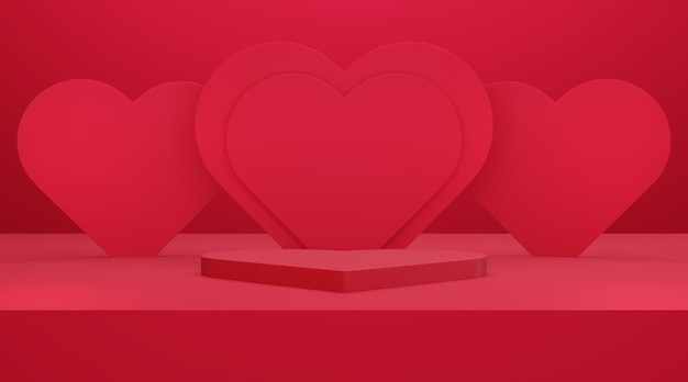 3D rendering of heart shaped podium or pedestal with red empty studio room and heart wall, product background, template mockup for valentine's day display, love concept