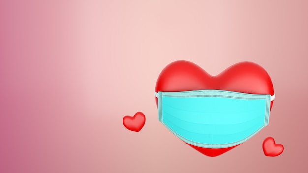 3d rendering heart shapes red color with Mask abstract background Valentine day concept. Mask to prevent the spread of COVID 19