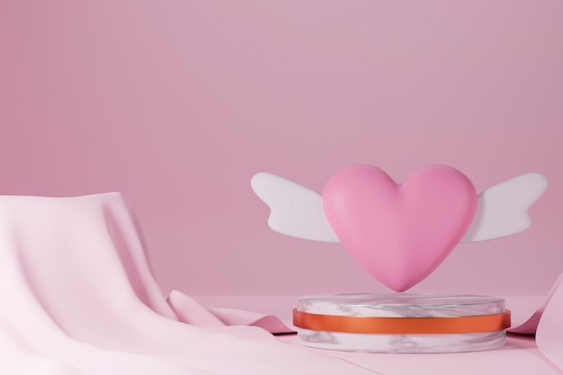 3d rendering heart with wings on marble podium with pink background