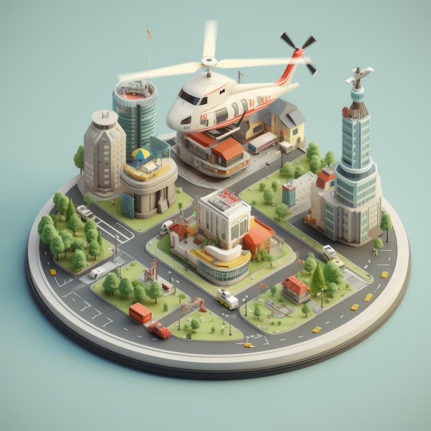 3d rendering of Helicopter city isometric miniatur