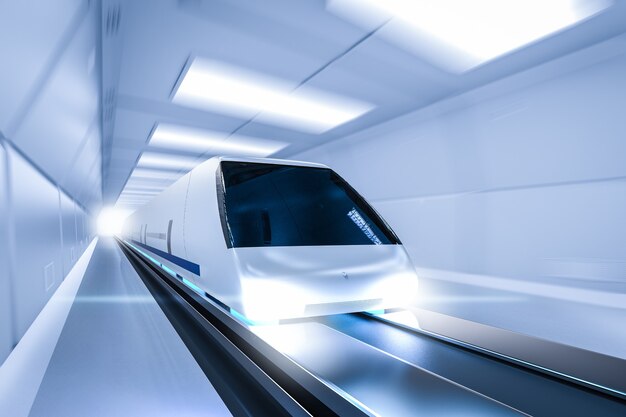 3d rendering high speed train with motion in tunnel