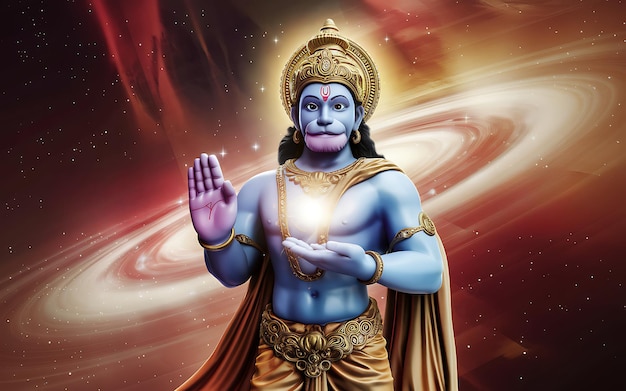 A 3D rendering of the Hindu deity Hanuman the monkey god holding a glowing light