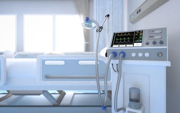 3d rendering hospital interior in recovery or inpatient room with bed and ventilator machine